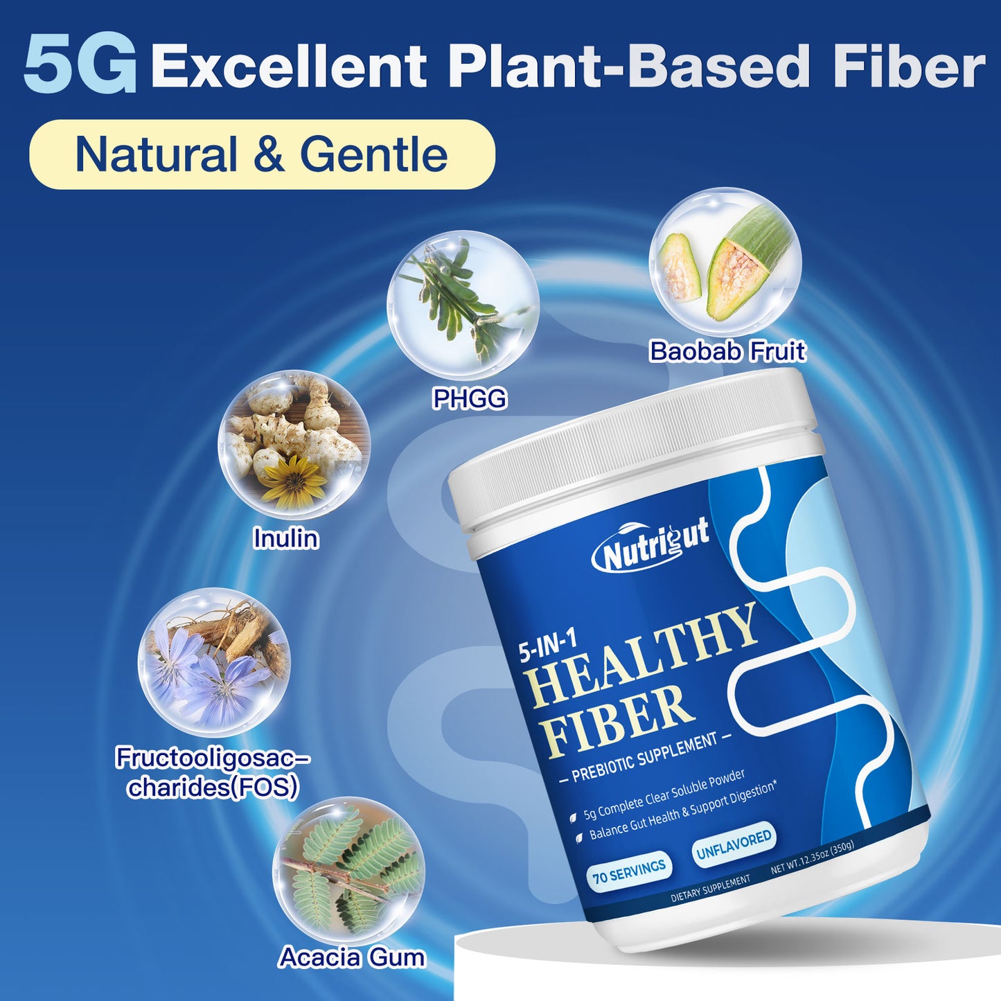 Prebiotic Fiber Supplement Powder with Acacia & Inulin for Digestive Health & Regularity, 5g Soluble Fiber, Vegan, Gluten & Sugar Free, 70 Servings