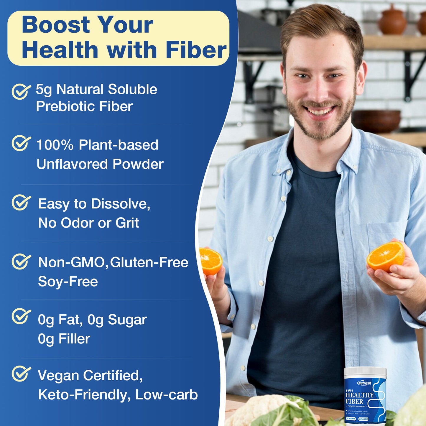 Prebiotic Fiber Supplement Powder with Acacia & Inulin for Digestive Health & Regularity, 5g Soluble Fiber, Vegan, Gluten & Sugar Free, 70 Servings