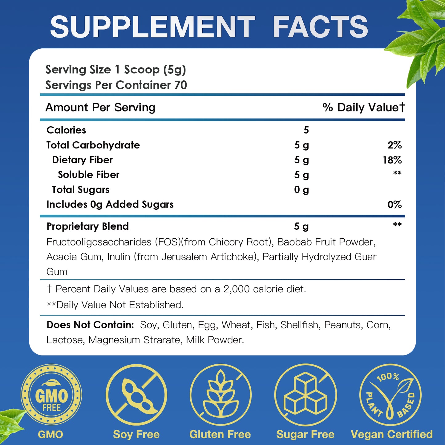 Prebiotic Fiber Supplement Powder with Acacia & Inulin for Digestive Health & Regularity, 5g Soluble Fiber, Vegan, Gluten & Sugar Free, 70 Servings